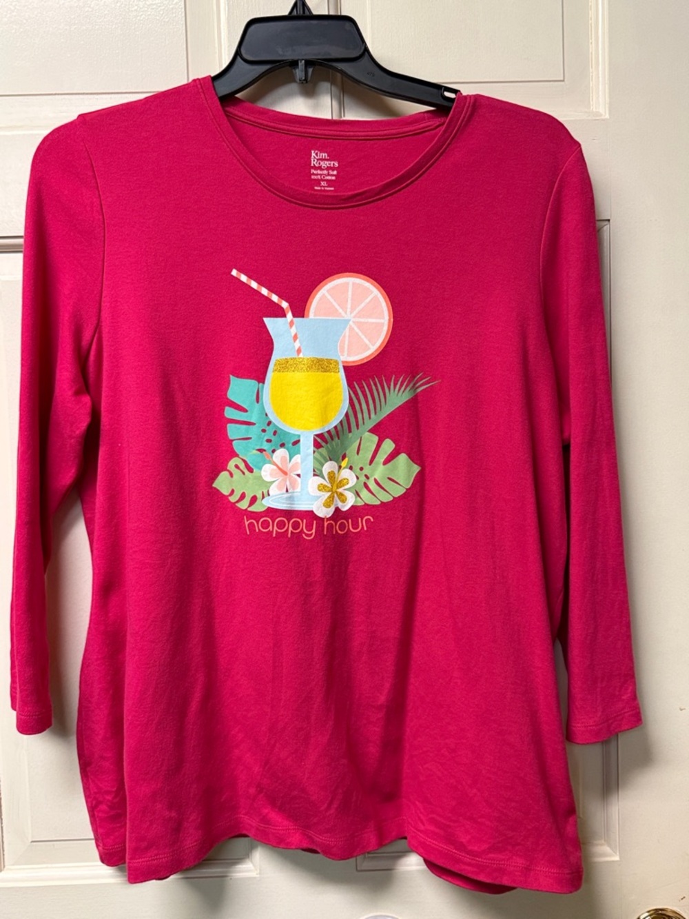 Happy Hour Kim Rogers Perfectly Soft 100% Cotton XL Vibrant Pink 3/4 sleeve top